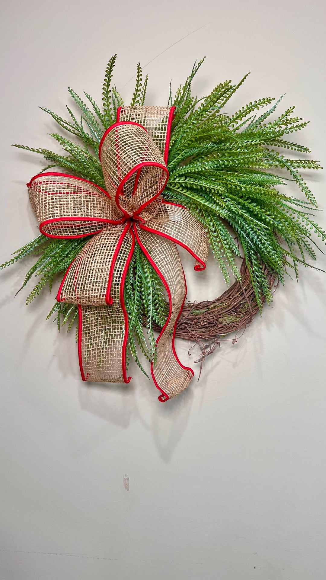 Beaded Grass Christmas Wreath with Open Weave Burlap Bow with Red Fabric Edging. Simplicity at it’s best for the holidays! Farmhouse Decor