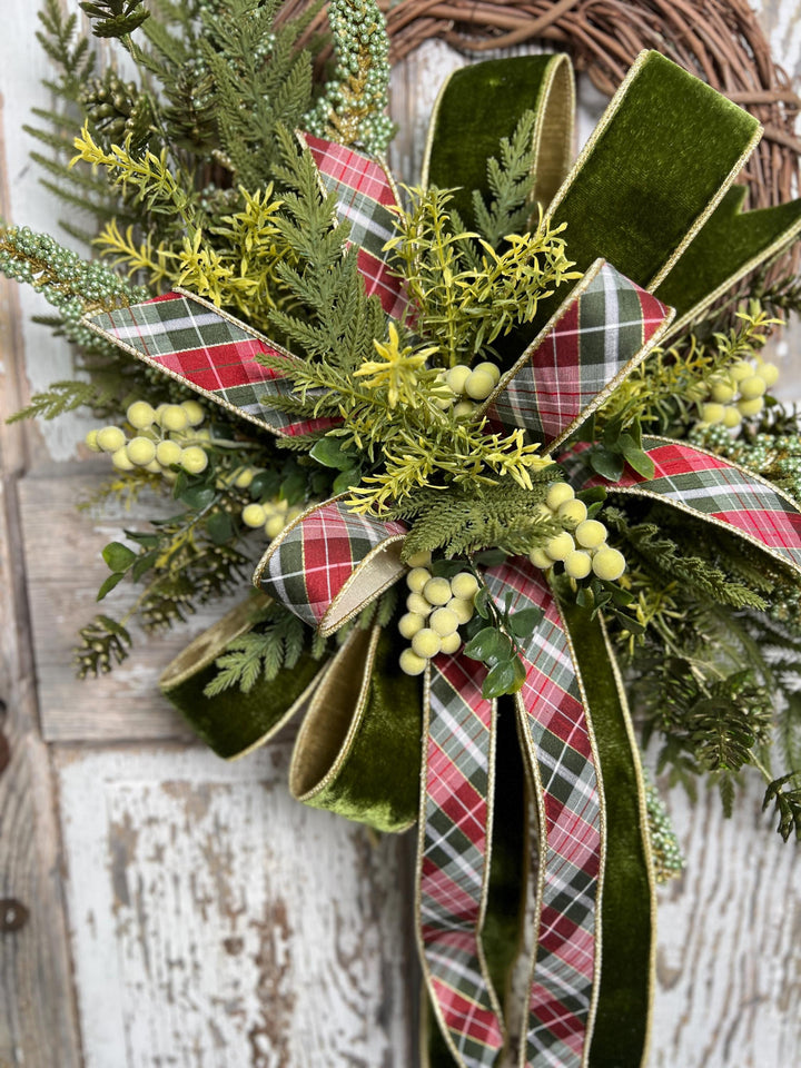 Greenery Christmas Wreath with Plaid and Velvet Bows, Rustic Holiday Wreath for Front Door, Winter Farmhouse Wreath, Evergreen Decor