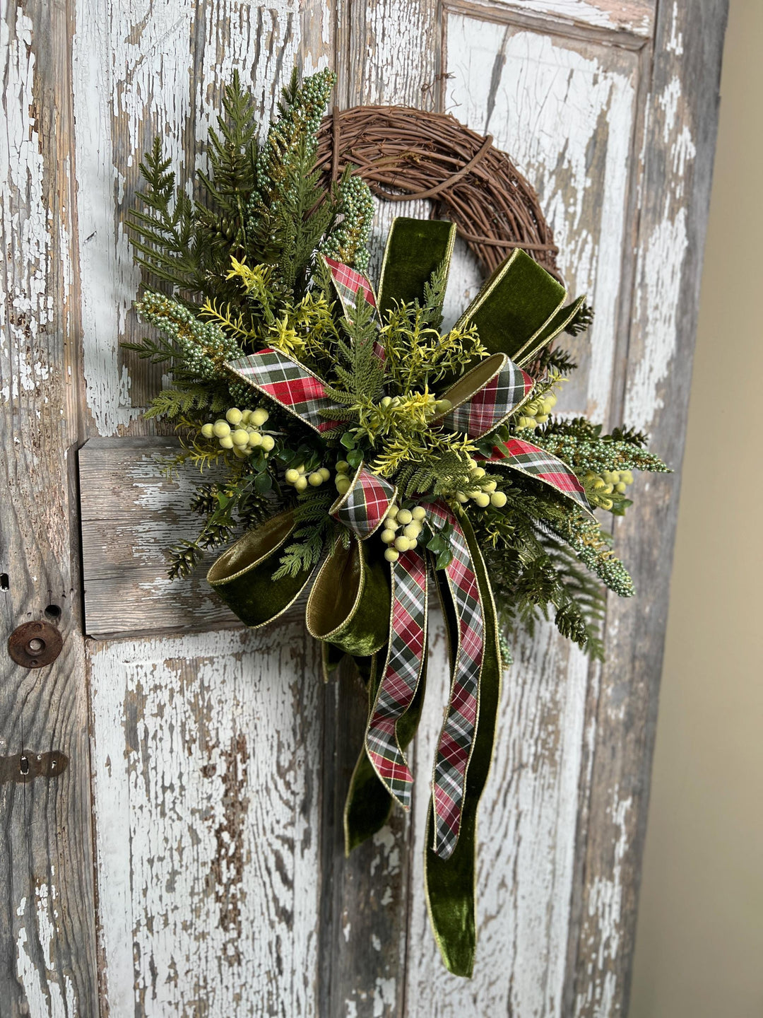 Greenery Christmas Wreath with Plaid and Velvet Bows, Rustic Holiday Wreath for Front Door, Winter Farmhouse Wreath, Evergreen Decor