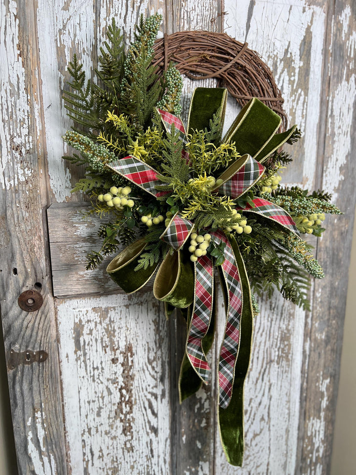 Greenery Christmas Wreath with Plaid and Velvet Bows, Rustic Holiday Wreath for Front Door, Winter Farmhouse Wreath, Evergreen Decor