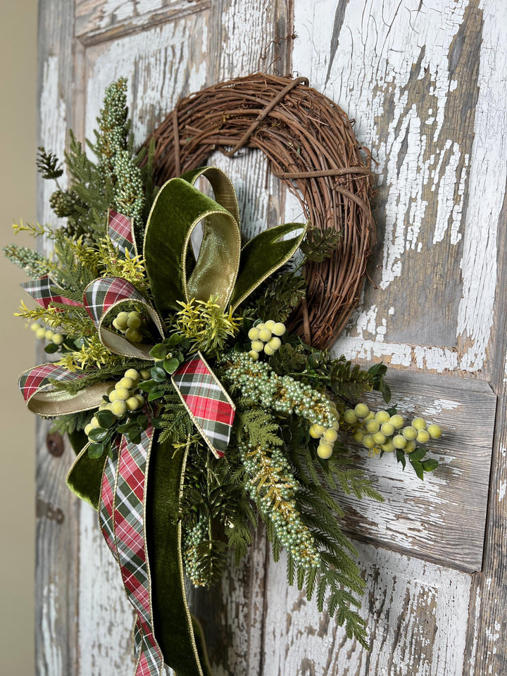 Greenery Christmas Wreath with Plaid and Velvet Bows, Rustic Holiday Wreath for Front Door, Winter Farmhouse Wreath, Evergreen Decor