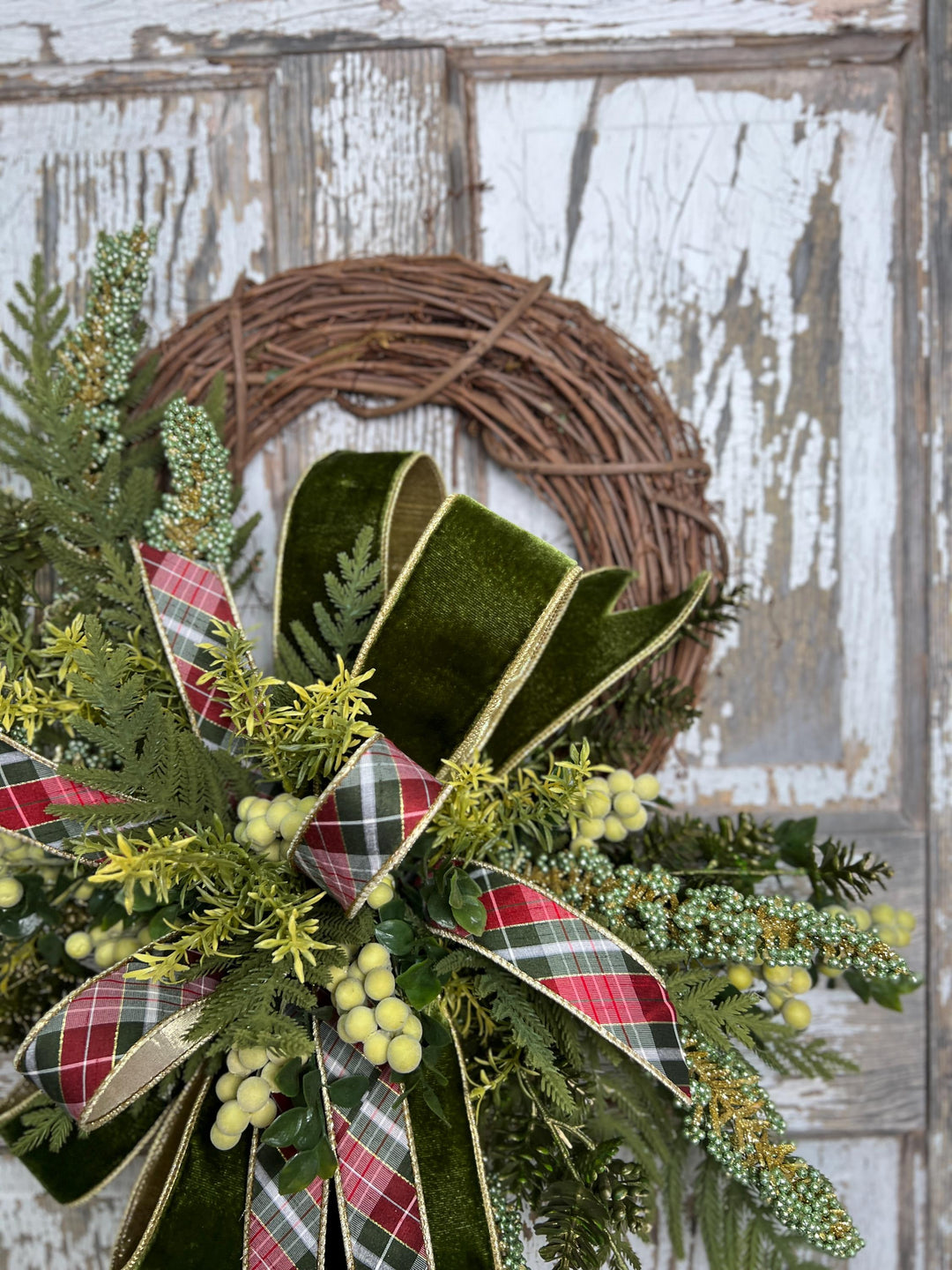 Greenery Christmas Wreath with Plaid and Velvet Bows, Rustic Holiday Wreath for Front Door, Winter Farmhouse Wreath, Evergreen Decor