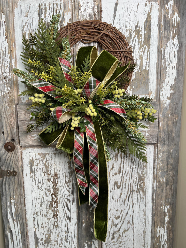Greenery Christmas Wreath with Plaid and Velvet Bows, Rustic Holiday Wreath for Front Door, Winter Farmhouse Wreath, Evergreen Decor