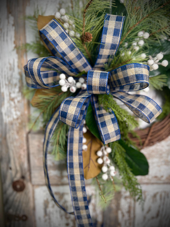 Rustic Winter Wreath with Navy Plaid Bow, Magnolia Leaf and Pine Christmas Wreath, Holiday Front Door Decor, Handmade Evergreen Wreath
