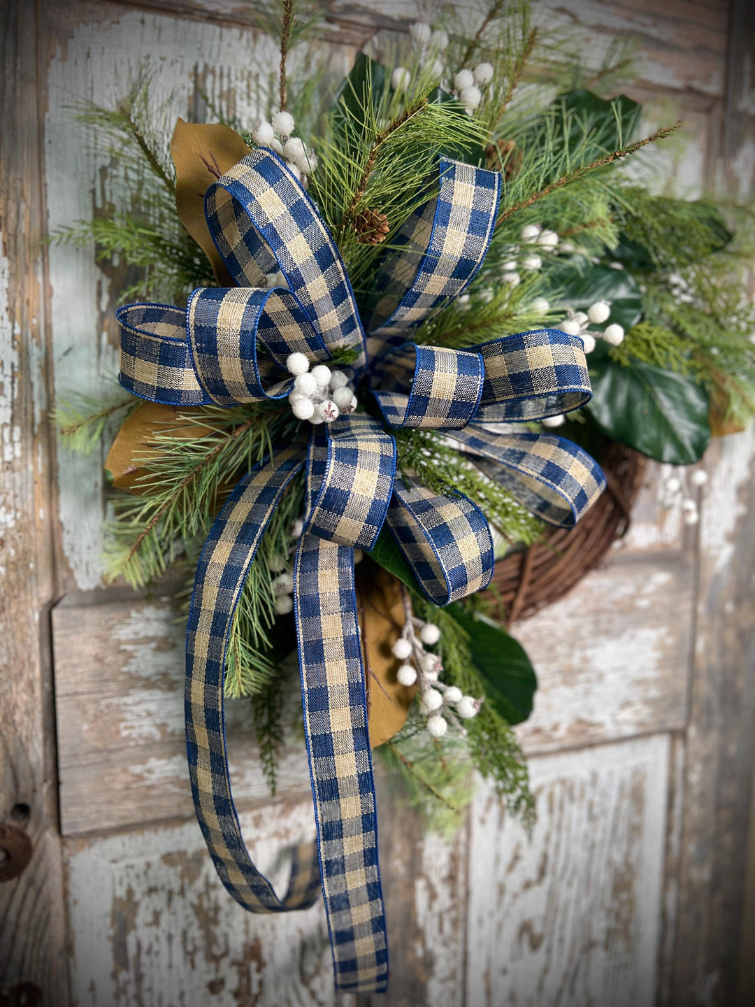 Rustic Winter Wreath with Navy Plaid Bow, Magnolia Leaf and Pine Christmas Wreath, Holiday Front Door Decor, Handmade Evergreen Wreath