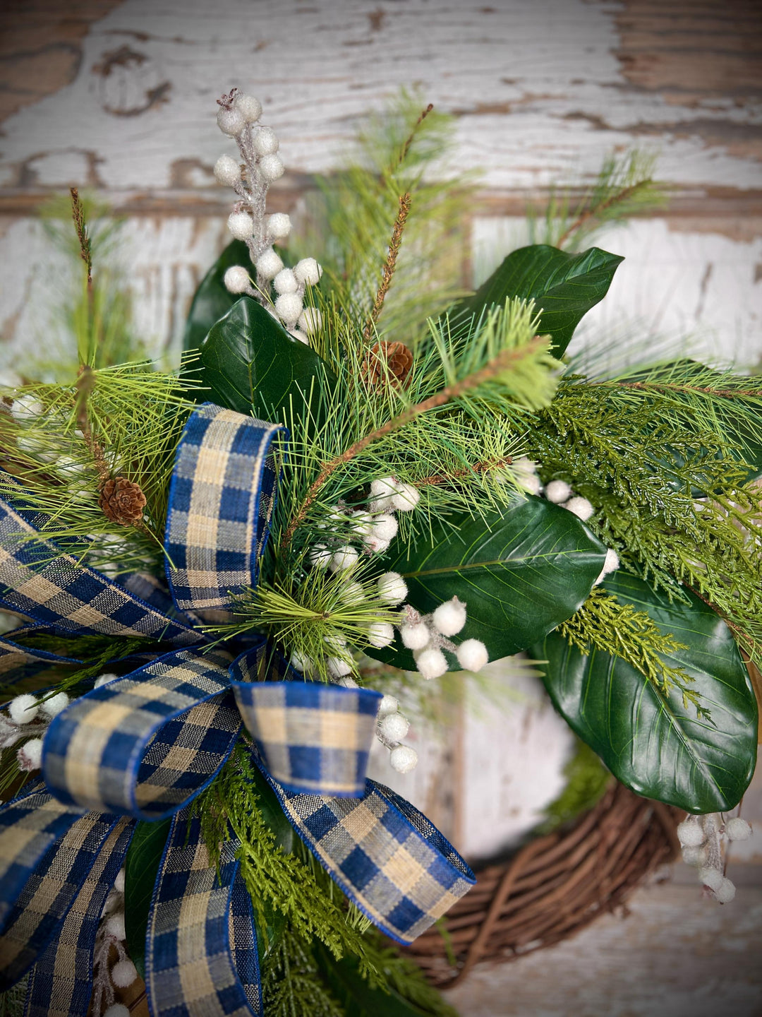 Rustic Winter Wreath with Navy Plaid Bow, Magnolia Leaf and Pine Christmas Wreath, Holiday Front Door Decor, Handmade Evergreen Wreath