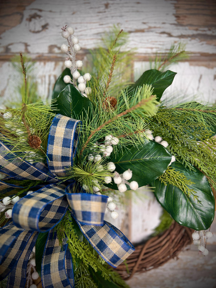 Rustic Winter Wreath with Navy Plaid Bow, Magnolia Leaf and Pine Christmas Wreath, Holiday Front Door Decor, Handmade Evergreen Wreath
