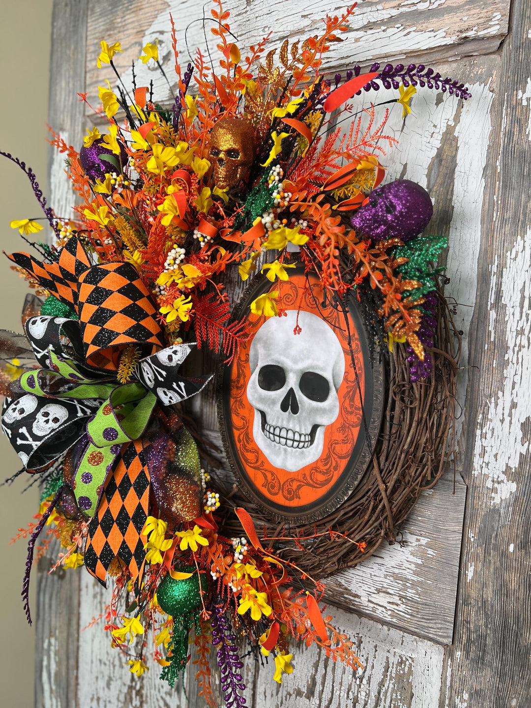 Skelton Sign Grapevine Wreath - Halloween Ribbons and more