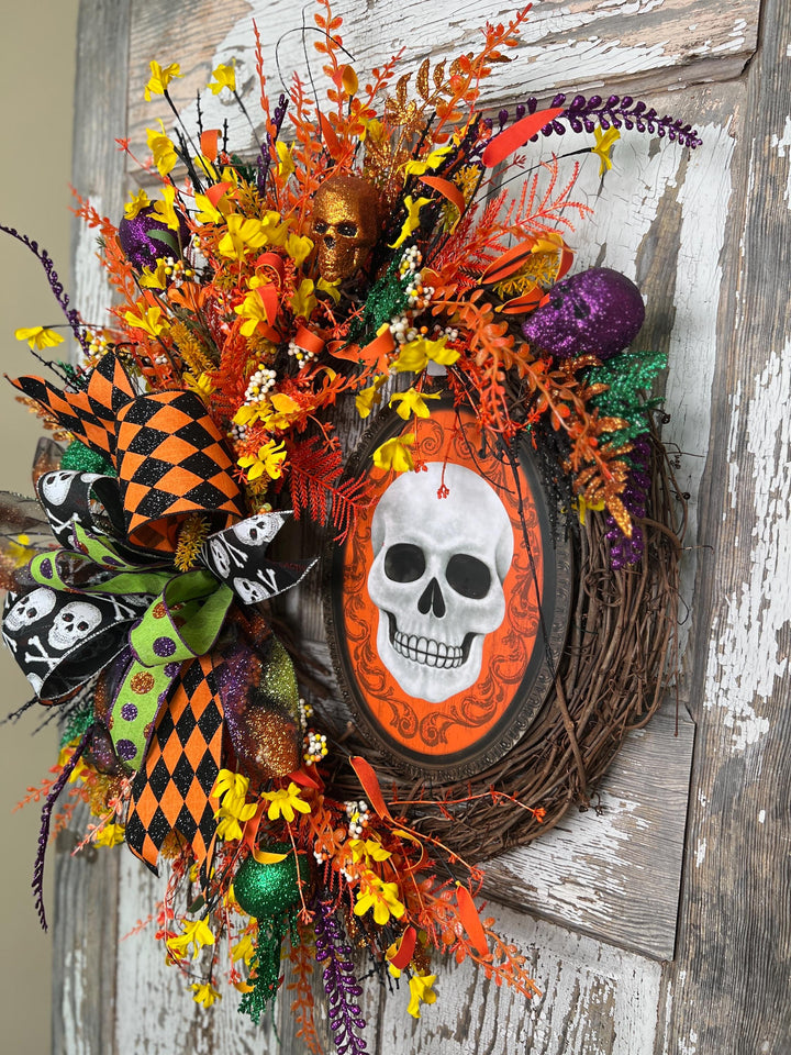 Skelton Sign Grapevine Wreath - Halloween Ribbons and more