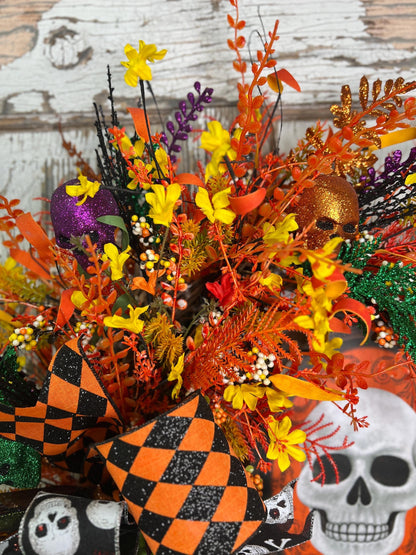 Skelton Sign Grapevine Wreath - Halloween Ribbons and more