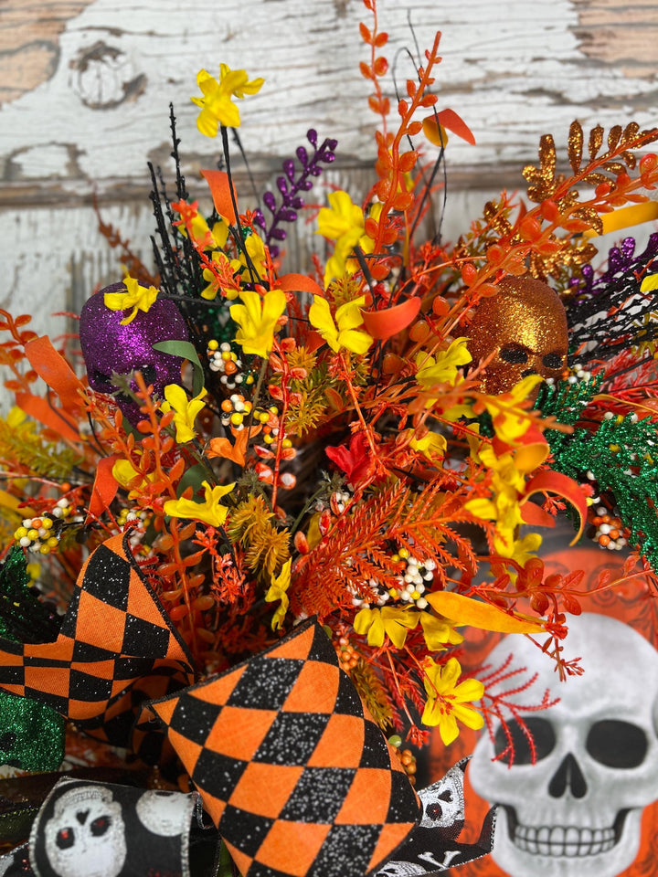 Skelton Sign Grapevine Wreath - Halloween Ribbons and more