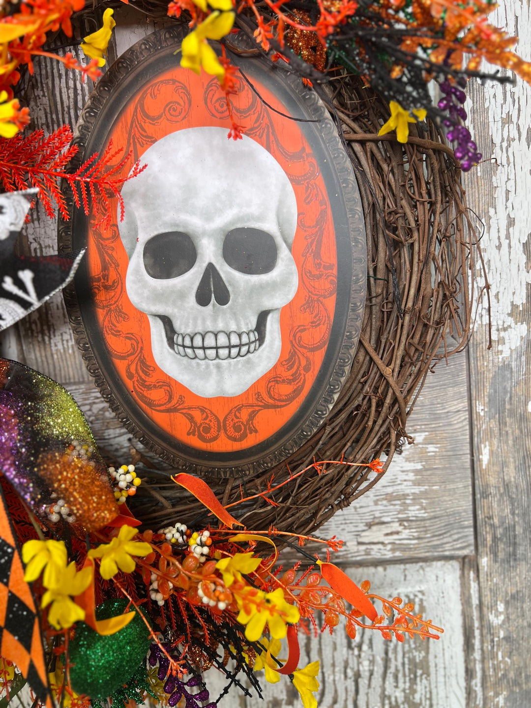 Skelton Sign Grapevine Wreath - Halloween Ribbons and more