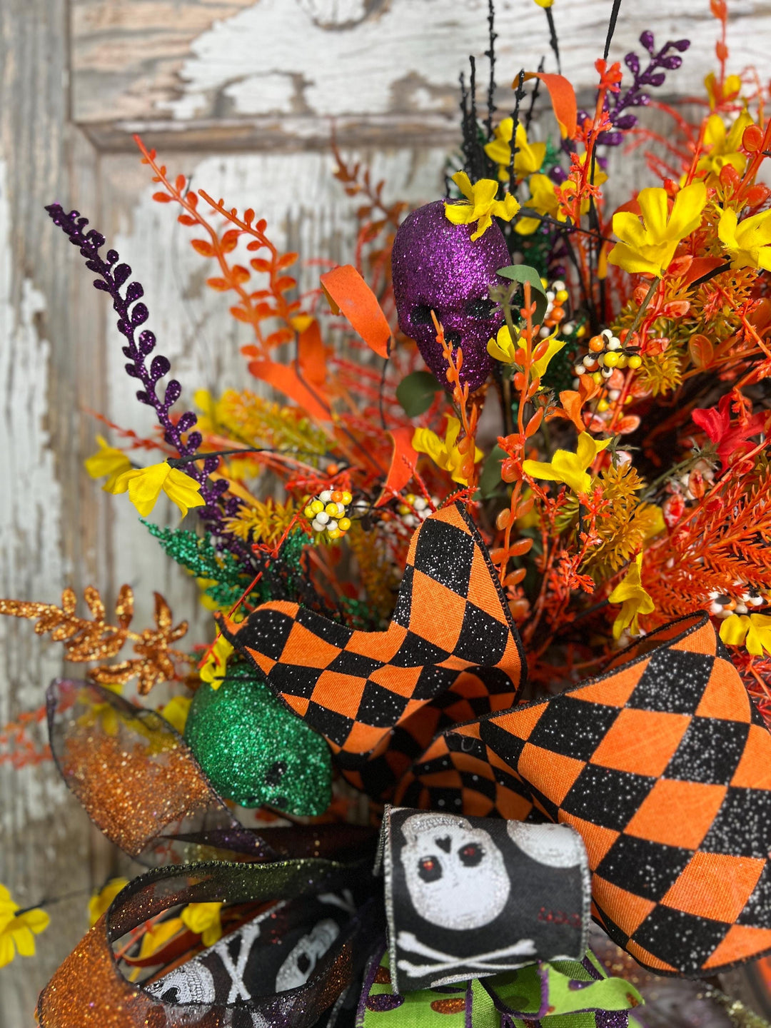 Skelton Sign Grapevine Wreath - Halloween Ribbons and more