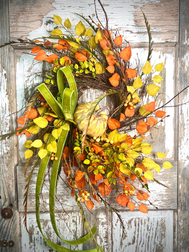 Whispy Fall Grapevine Twig Wreath with Pumpkin