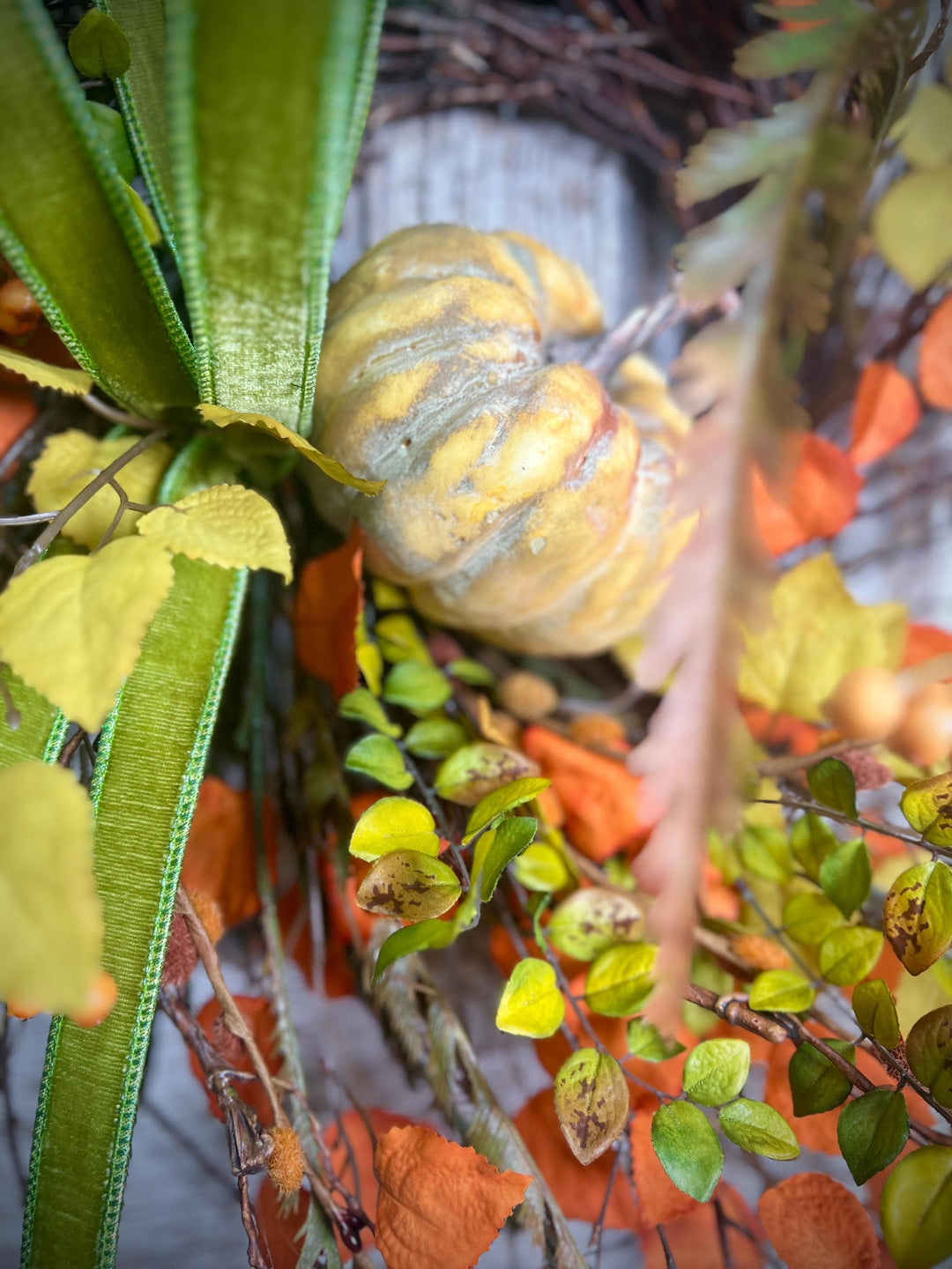 Whispy Fall Grapevine Twig Wreath with Pumpkin