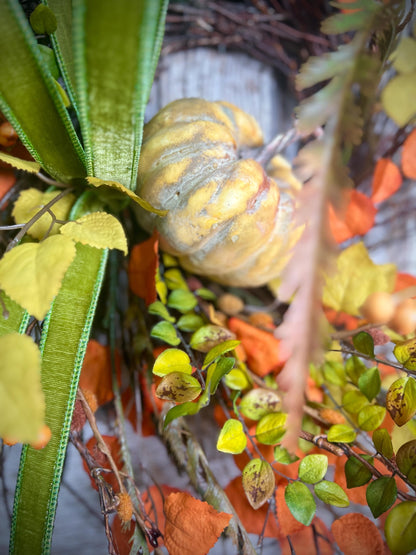 Whispy Fall Grapevine Twig Wreath with Pumpkin