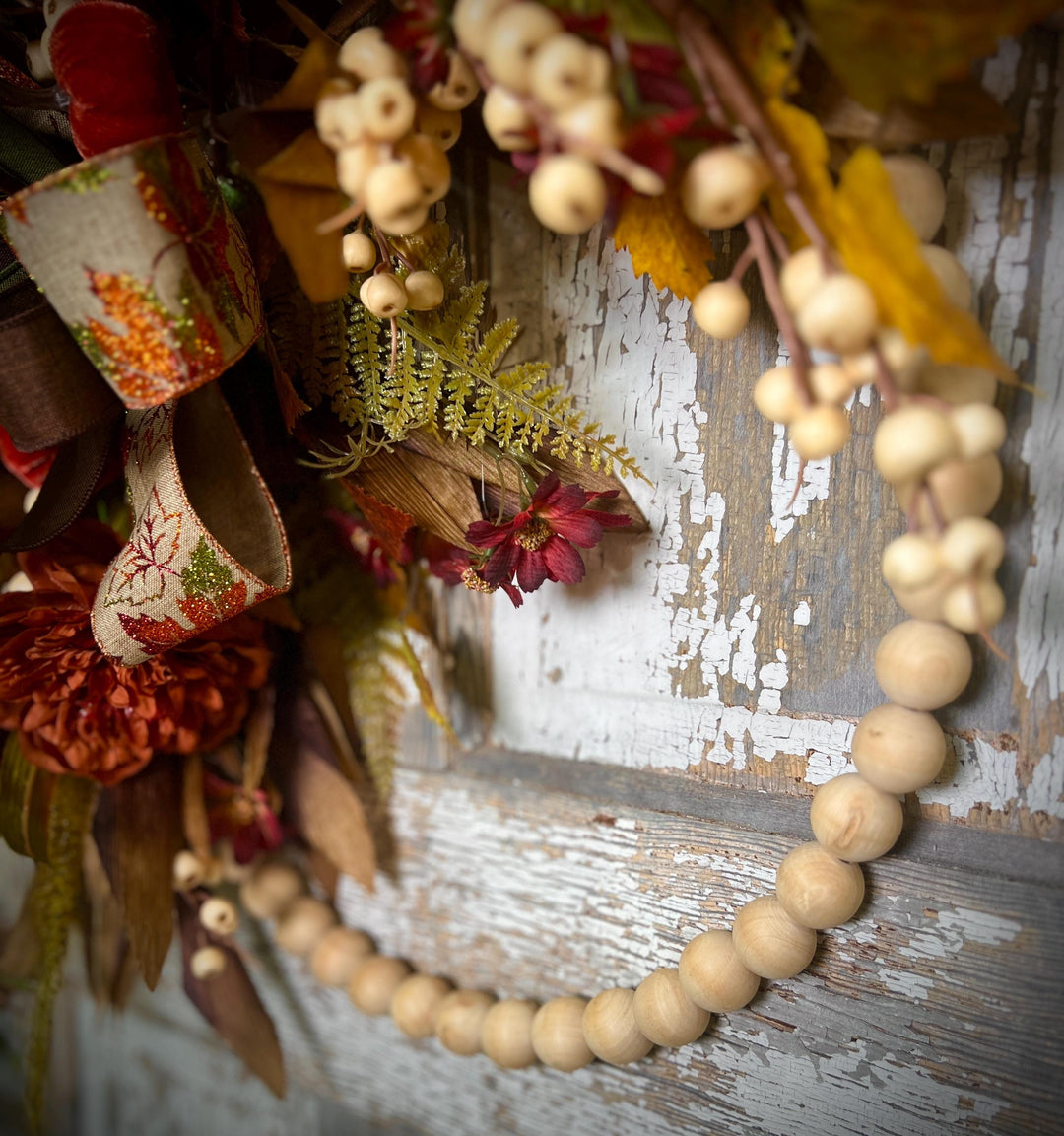 Fall Bead Wreath with Fall Florals and Pumpkins