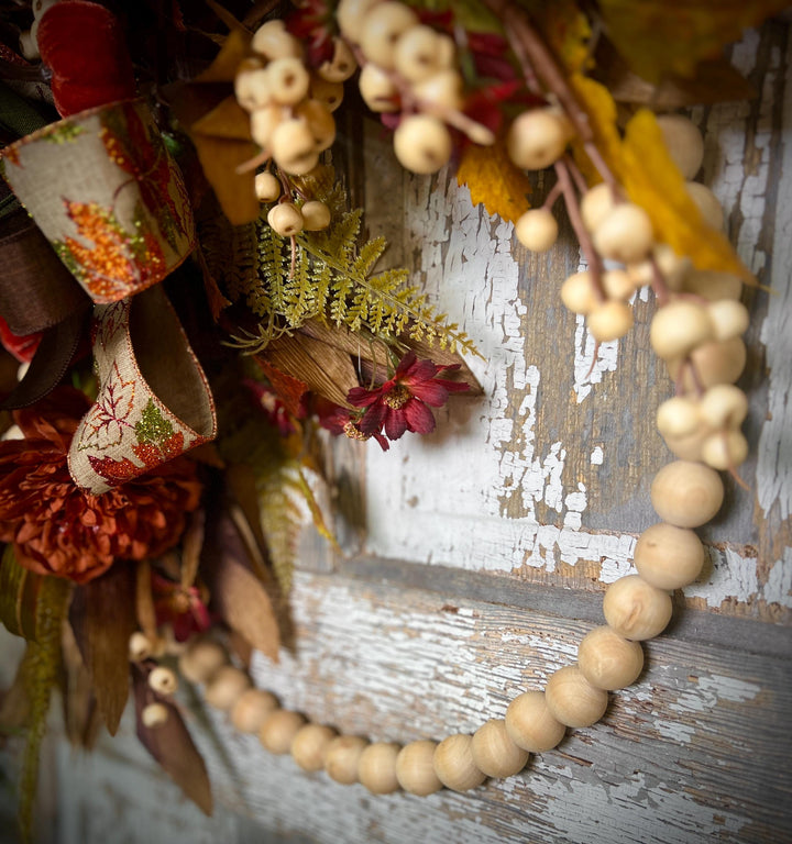 Fall Bead Wreath with Fall Florals and Pumpkins