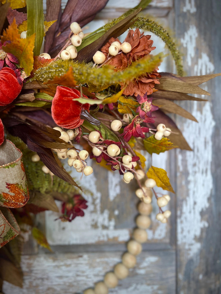 Fall Bead Wreath with Fall Florals and Pumpkins