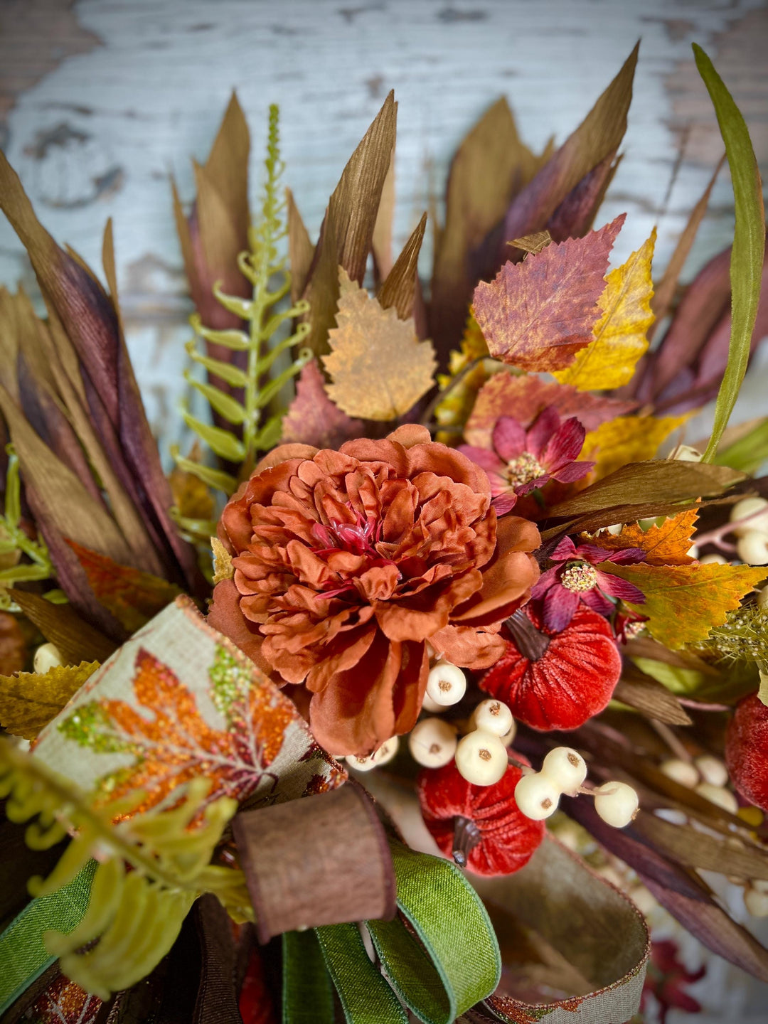 Fall Bead Wreath with Fall Florals and Pumpkins