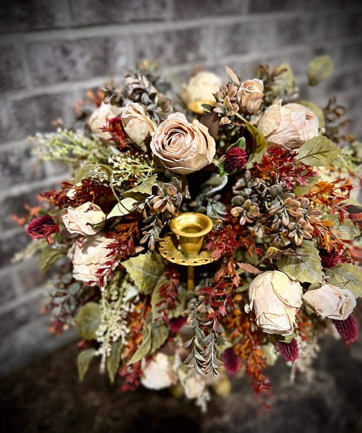 Candelabra’s: Faux Fall Floral and Dried Cream Roses with battery powered candles