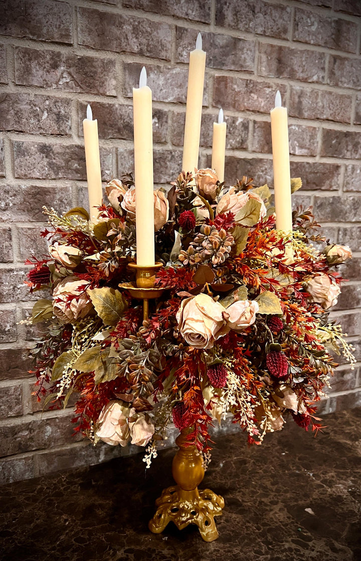 Candelabra’s: Faux Fall Floral and Dried Cream Roses with battery powered candles