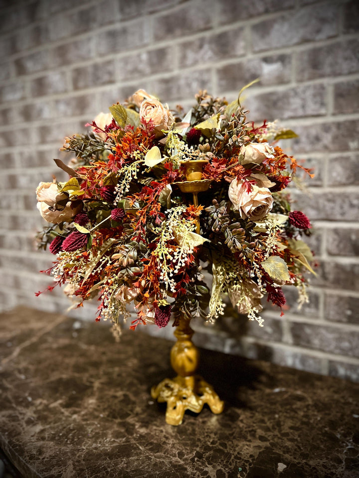 Candelabra’s: Faux Fall Floral and Dried Cream Roses with battery powered candles