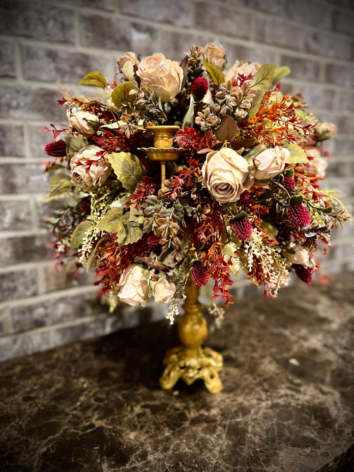 Candelabra’s: Faux Fall Floral and Dried Cream Roses with battery powered candles