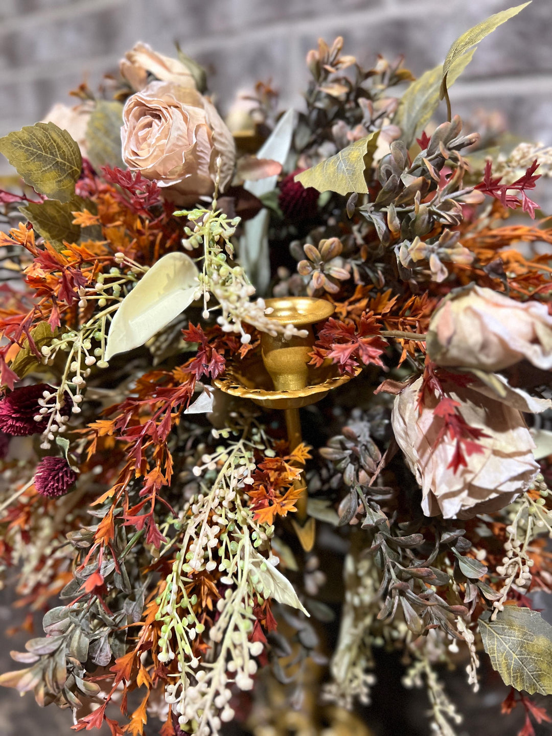 Candelabra’s: Faux Fall Floral and Dried Cream Roses with battery powered candles