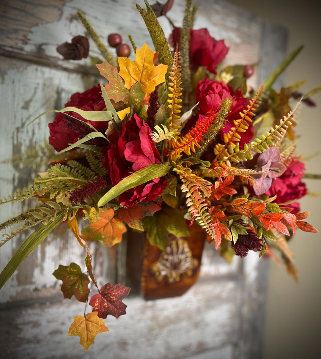 Farmhouse Fall Wall or Door Hanger- Large Peonies, Ferns and Fall Leaf Foliage