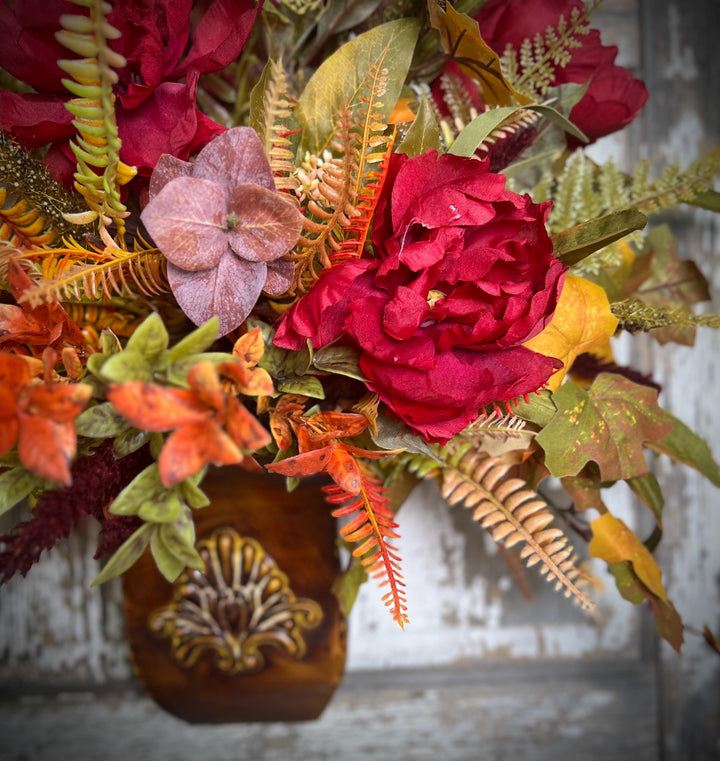 Farmhouse Fall Wall or Door Hanger- Large Peonies, Ferns and Fall Leaf Foliage