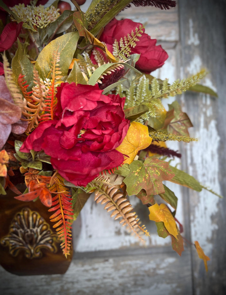 Farmhouse Fall Wall or Door Hanger- Large Peonies, Ferns and Fall Leaf Foliage