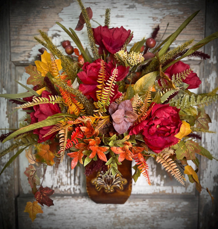 Farmhouse Fall Wall or Door Hanger- Large Peonies, Ferns and Fall Leaf Foliage