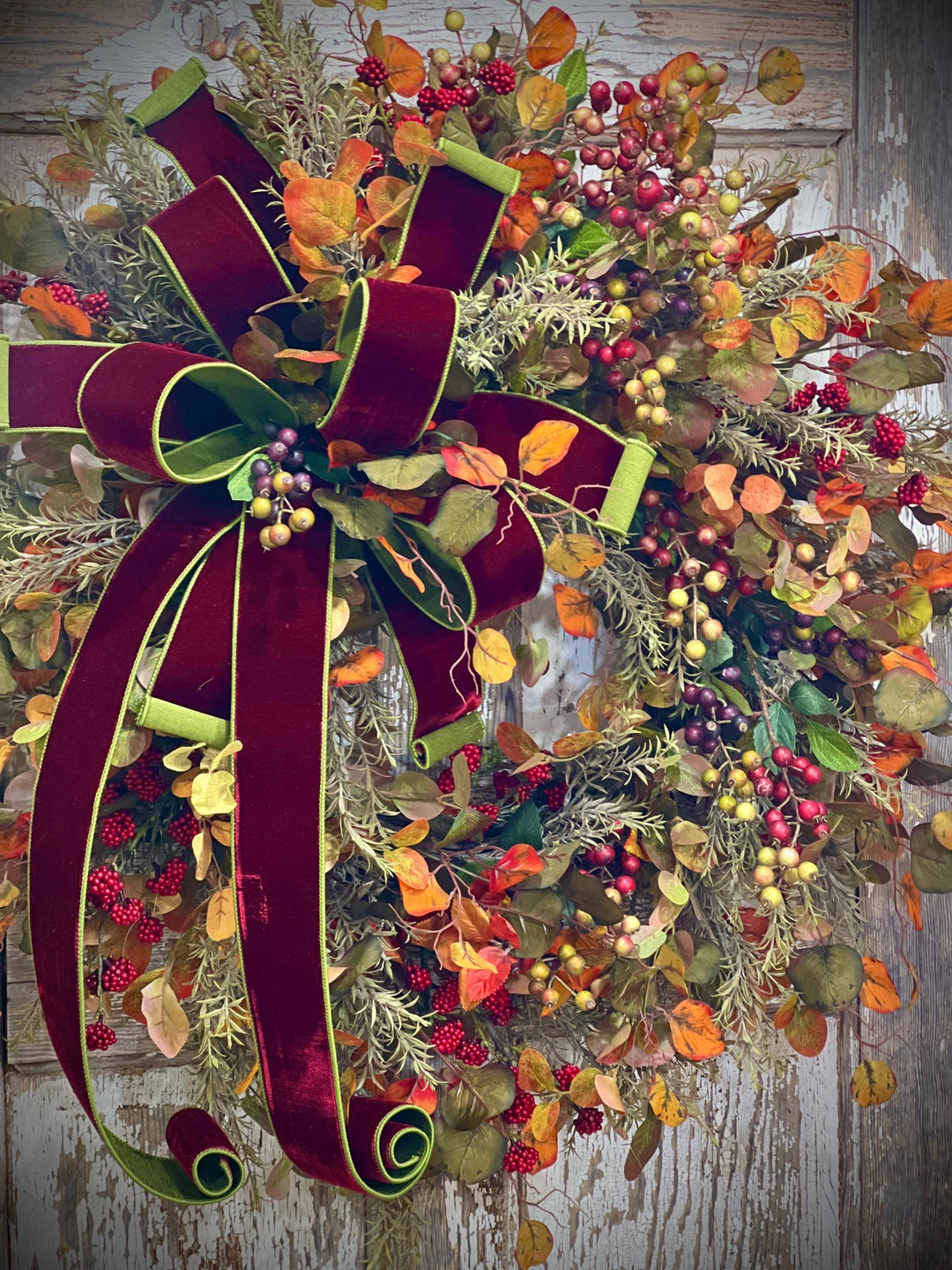 Autumn Leaf and Berry Grapevine Wreath = Designer Velvet 2 toned Bow