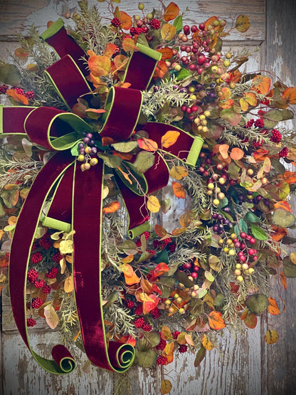 Autumn Leaf and Berry Grapevine Wreath = Designer Velvet 2 toned Bow