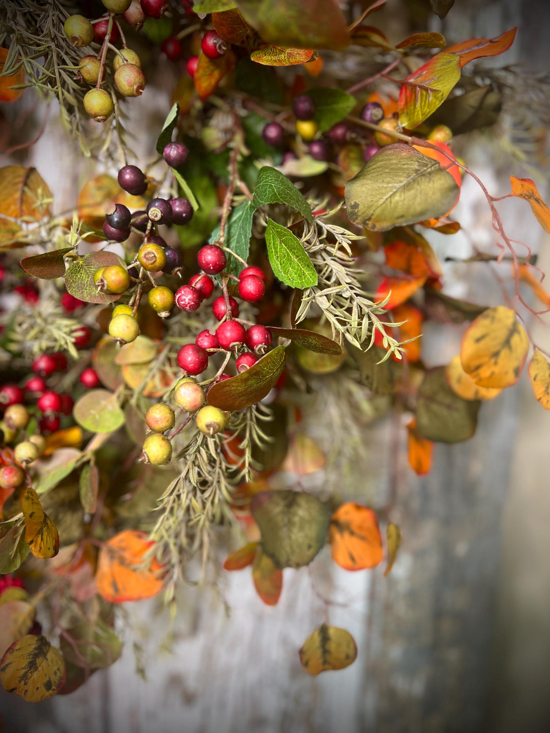 Autumn Leaf and Berry Grapevine Wreath = Designer Velvet 2 toned Bow