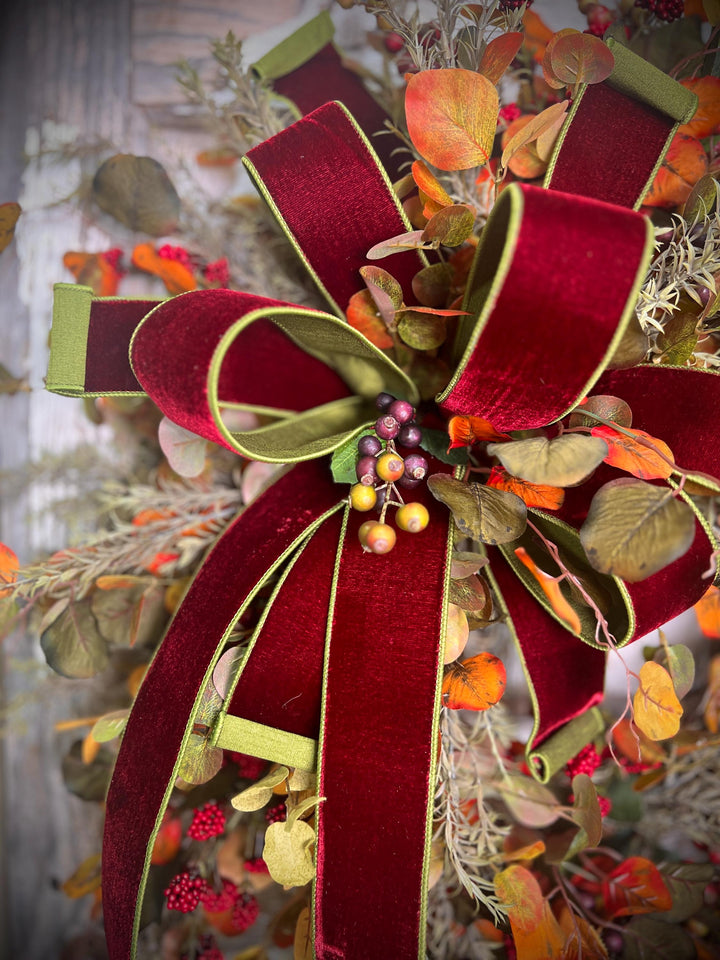 Autumn Leaf and Berry Grapevine Wreath = Designer Velvet 2 toned Bow