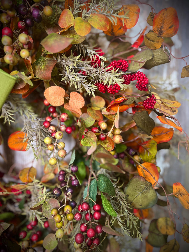 Autumn Leaf and Berry Grapevine Wreath = Designer Velvet 2 toned Bow