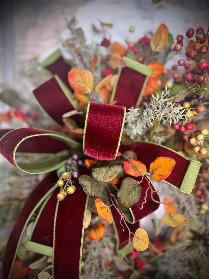 Autumn Leaf and Berry Grapevine Wreath = Designer Velvet 2 toned Bow