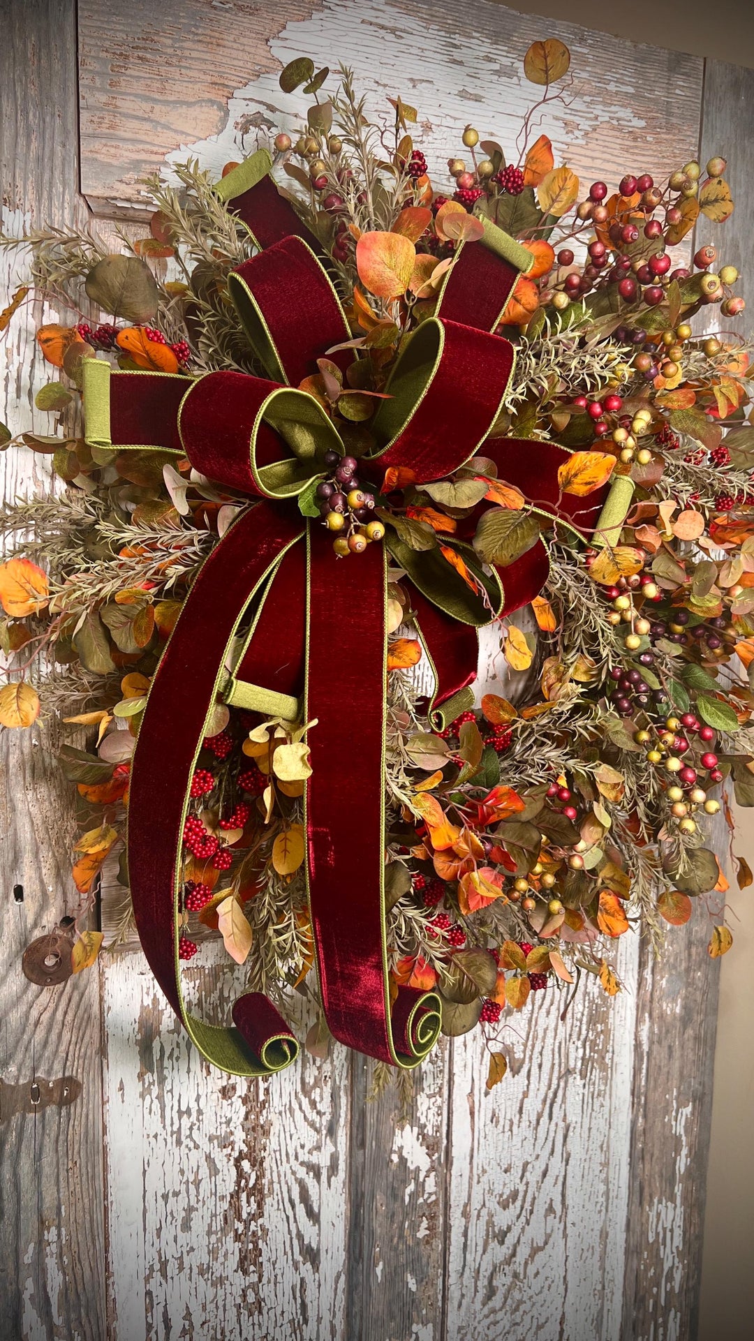 Autumn Leaf and Berry Grapevine Wreath = Designer Velvet 2 toned Bow