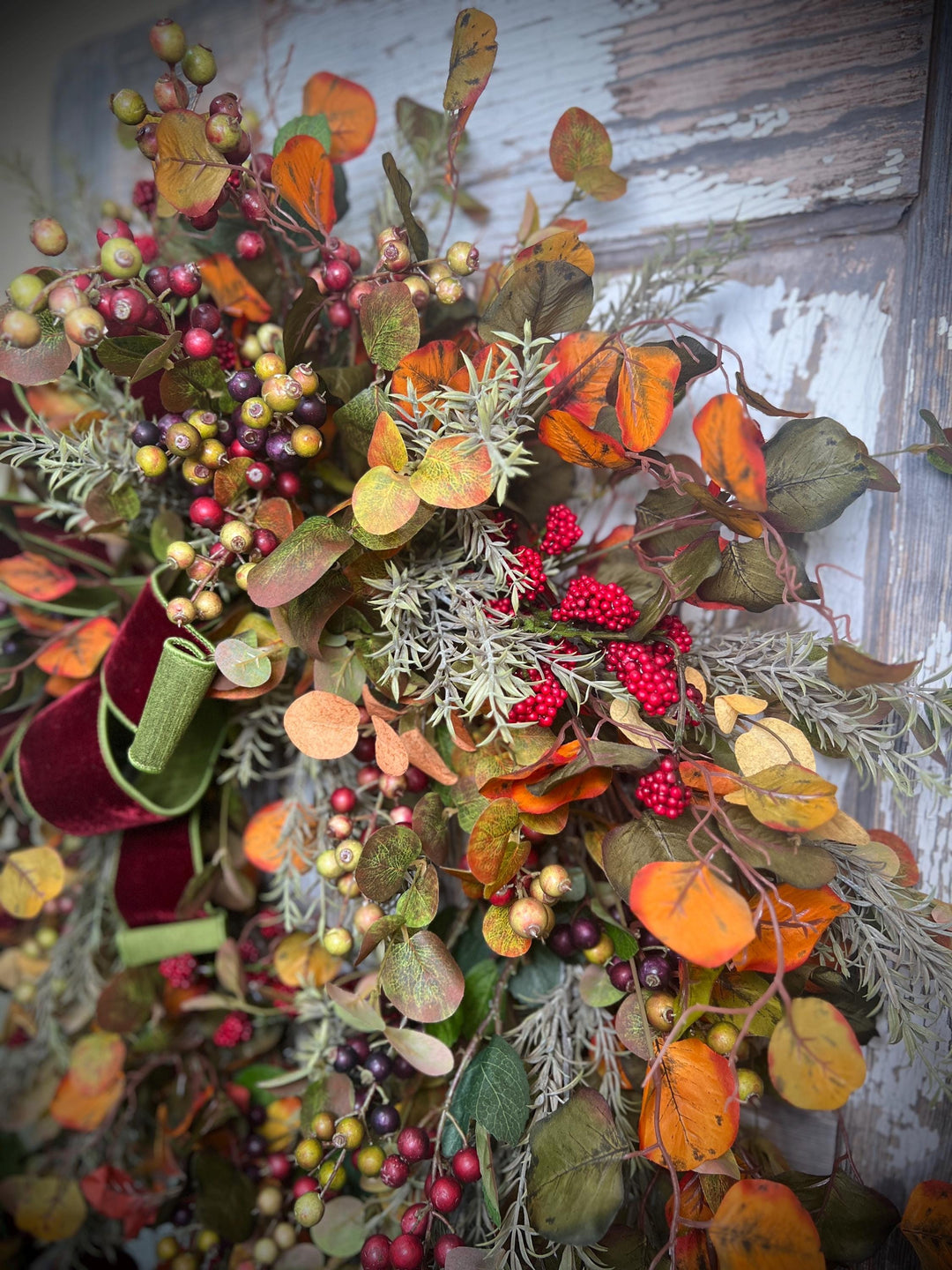 Autumn Leaf and Berry Grapevine Wreath = Designer Velvet 2 toned Bow