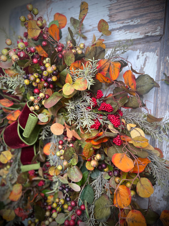 Autumn Leaf and Berry Grapevine Wreath = Designer Velvet 2 toned Bow