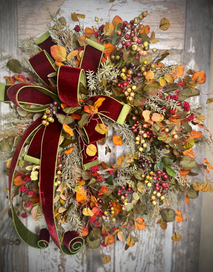 Autumn Leaf and Berry Grapevine Wreath = Designer Velvet 2 toned Bow
