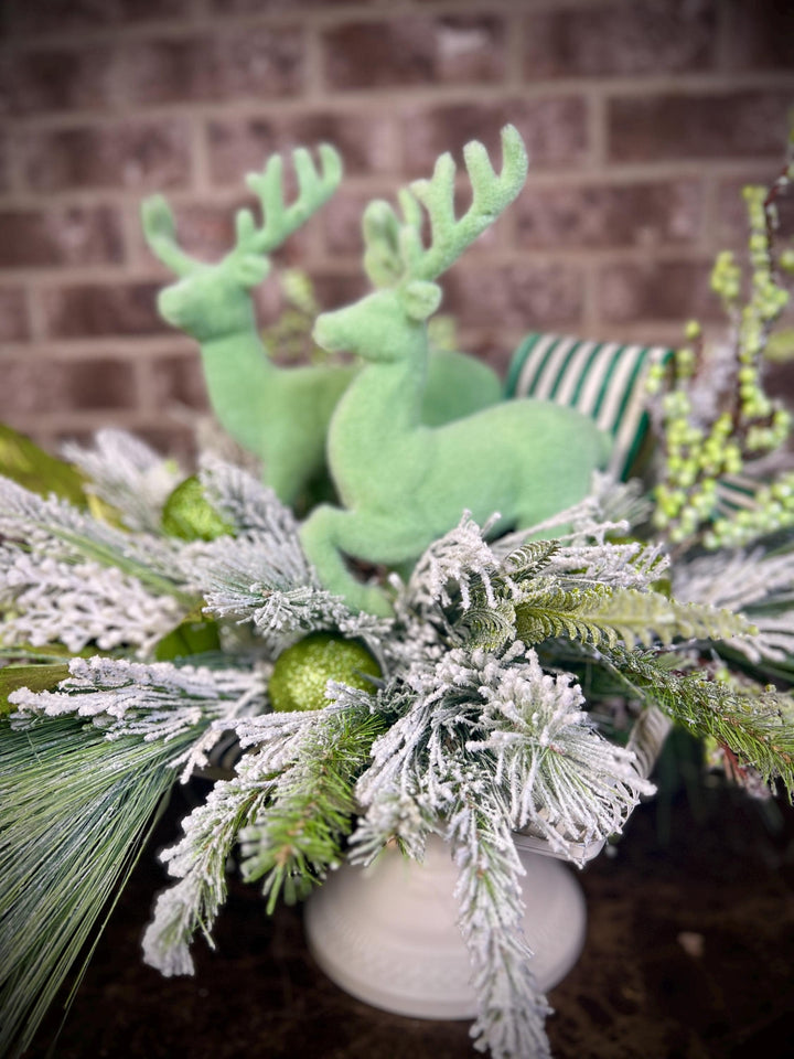 Snowy Pine and Berry Deer Arrangement - Mint Green accents