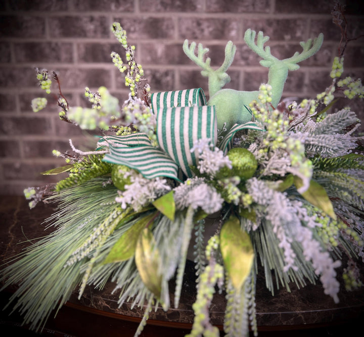 Snowy Pine and Berry Deer Arrangement - Mint Green accents
