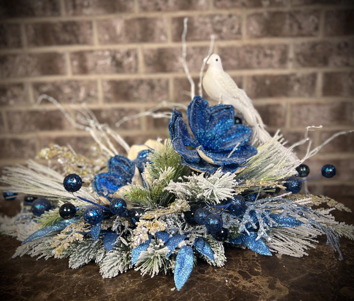 Winter Arrangement with Navy Shimmer Poinsettia with White Dove - Navy Glitter ball accents