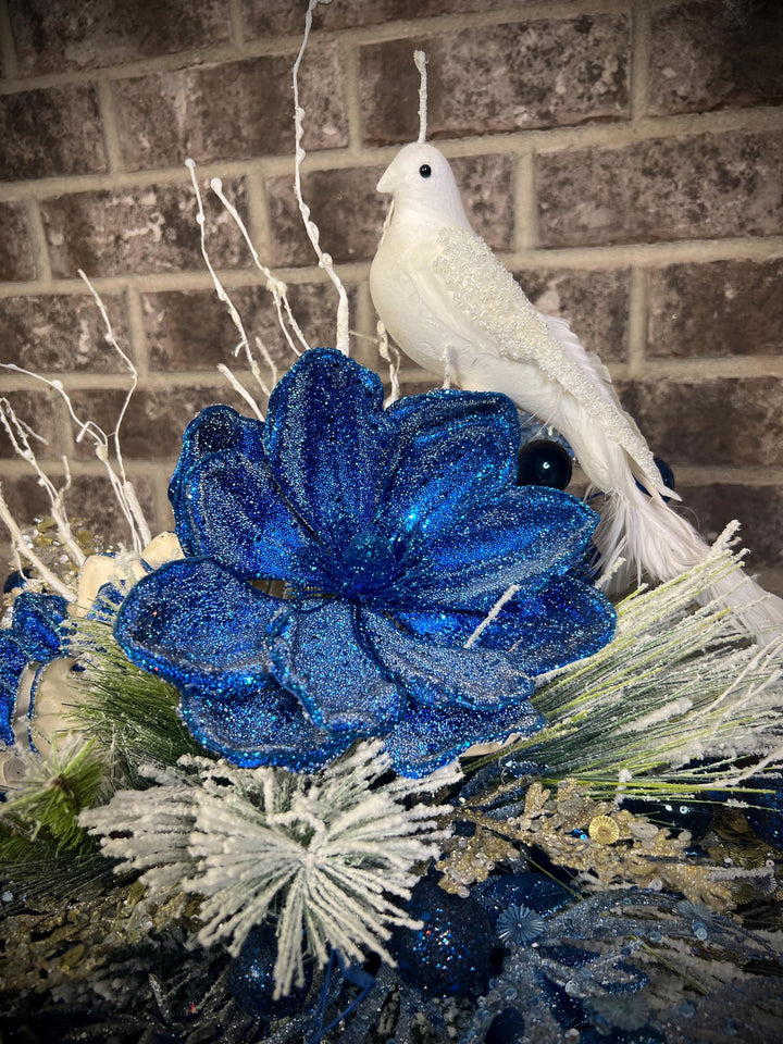 Winter Arrangement with Navy Shimmer Poinsettia with White Dove - Navy Glitter ball accents