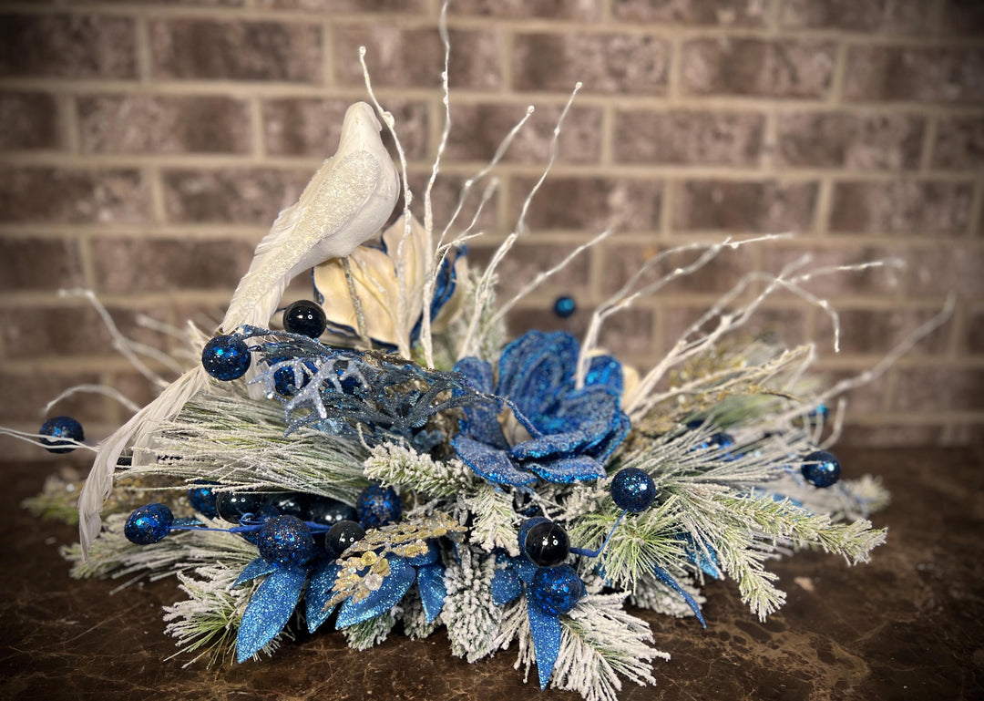 Winter Arrangement with Navy Shimmer Poinsettia with White Dove - Navy Glitter ball accents