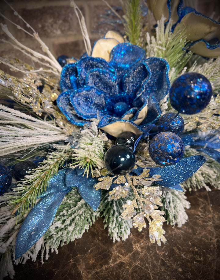 Winter Arrangement with Navy Shimmer Poinsettia with White Dove - Navy Glitter ball accents