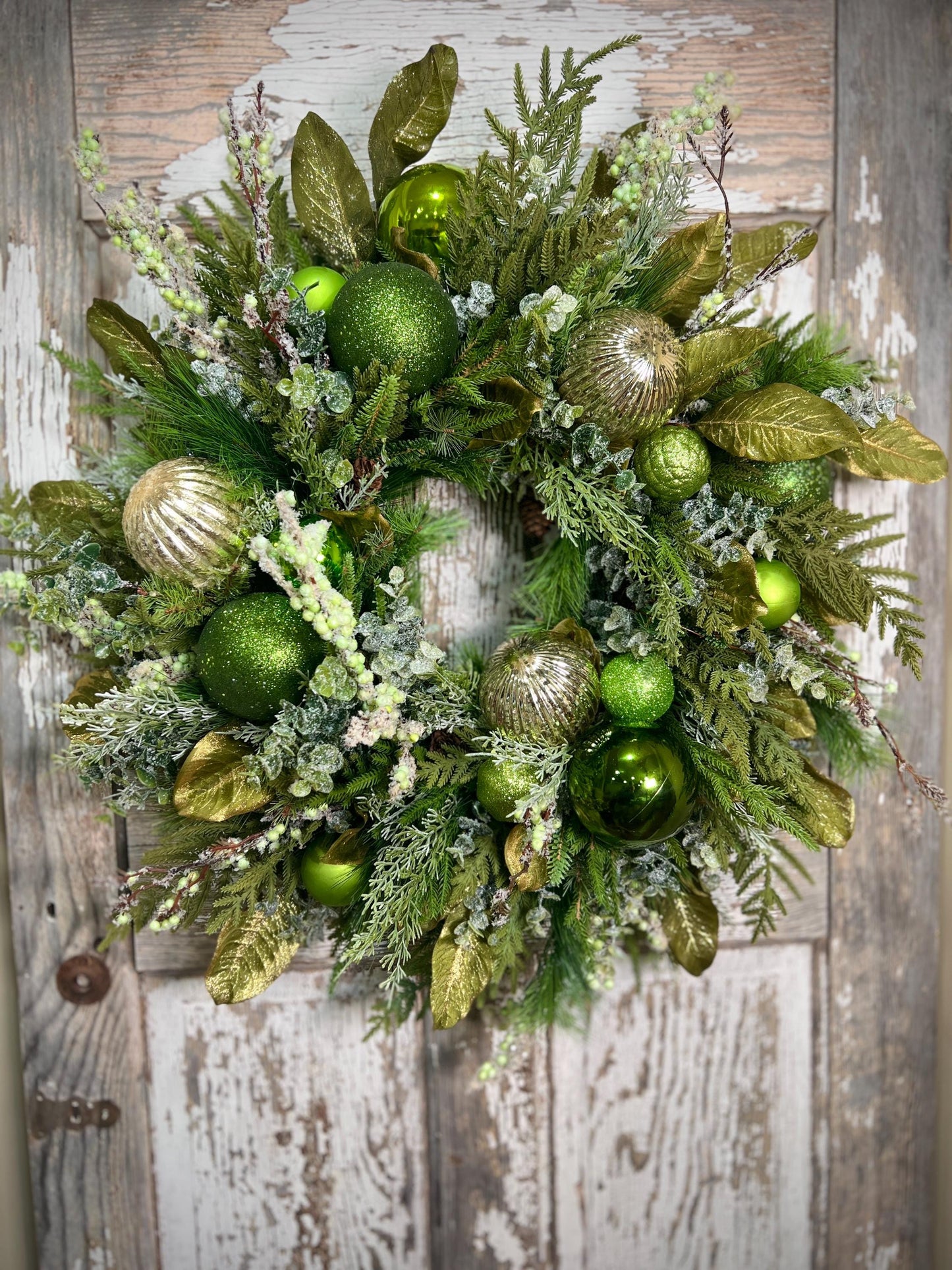 Christmas Grapevine wreath with Pine, Green and Gold Ornaments with sparkling foliage for the holidays